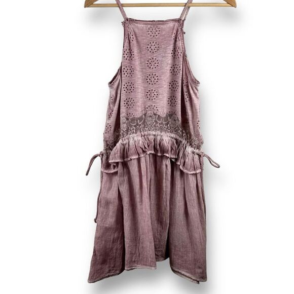 Topshop Women's Size 4 High Neck Mini Dress Pink Purple Eyelet Lace Ruffle - Picture 3 of 14